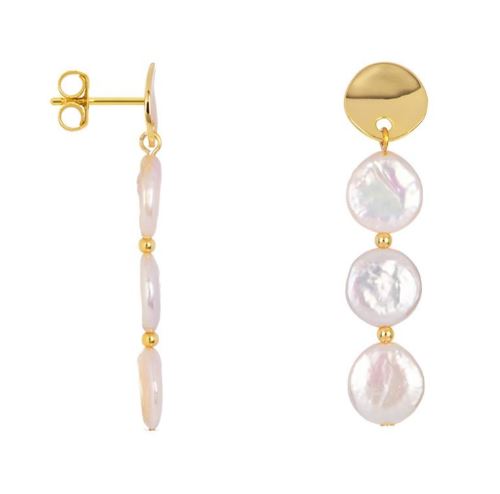 PENDIENTE PLATA 925 TRES PERLAS CULTIVADAS COIN 11.5-12.5MM PERLA BLANCA BRILLO ORO