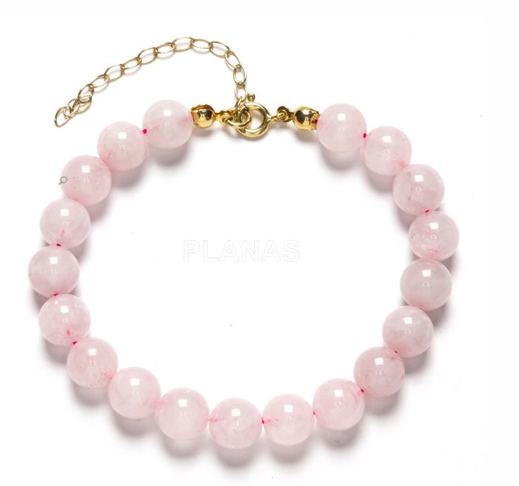 PULSERA EN PLATA DE LEY Y BAÑO ORO CON CUARZO ROSA DE 8MM