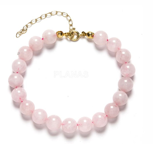 PULSERA EN PLATA DE LEY Y BAÑO ORO CON CUARZO ROSA DE 8MM